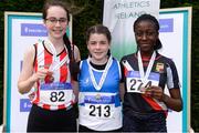 15 July 2017; U15 Girl's 100m podium from left, runner up Jennifer Nugent, of Trim A.C., winner Aoife Ryan , St. Laurence O'Tooles A.C., and third place finisher Munirat Shobowale, Mountmellick A.C. during the AAI Juvenile B Championships & Juvenile Relays in Tullamore, Co Offaly. Photo by Barry Cregg/Sportsfile