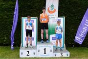 15 July 2017; U14 Boy's 80m podium from left, runner up Jack Murphy,  of St. Laurence O'Tooles A.C., winner Conor Managan, Rosses A.C., and third place finisher Jack Dunne, St. Laurence O'Tooles A.C. during the AAI Juvenile B Championships & Juvenile Relays in Tullamore, Co Offaly. Photo by Barry Cregg/Sportsfile