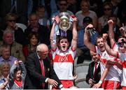 16 July 2017; Derry captain Padraig McGrogan lifting the cup during the Electric Ireland Ulster GAA Football Minor Championship Final match between Cavan and Derry at St Tiernach's Park in Clones, Co. Monaghan. Photo by Philip Fitzpatrick/Sportsfile