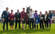 16 July 2017; Trainer Aidan O'Brien, far left, jockey Ryan Moore, winning connections and sponsors of Spirit of Valor after the Qatar Airways Minstrel Stakes during Day 2 of the Darley Irish Oaks Weekend at the Curragh in Kildare. Photo by Cody Glenn/Sportsfile