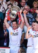16 July 2017; Sean Cavanagh lifts the Anglo-Celt Cup following the Ulster GAA Football Senior Championship Final match between Tyrone and Down at St Tiernach's Park in Clones, Co. Monaghan. Photo by Philip Fitzpatrick/Sportsfile