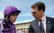 16 July 2017; Ryan Moore in conversation with trainer Aidan O'Brien after winning the Qatar Airways Minstrel Stakes on Spirit of Valor during Day 2 of the Darley Irish Oaks Weekend at the Curragh in Kildare. Photo by Cody Glenn/Sportsfile