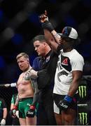 16 July 2017; Galore Bofando is declared winner over Charlie Ward following their welterweight bout at UFC Fight Night Glasgow in the SSE Hydro Arena in Glasgow. Photo by Ramsey Cardy/Sportsfile