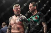 16 July 2017; Charlie Ward and coach John Kavanagh following his defeat to Galore Bofando in their welterweight bout at UFC Fight Night Glasgow in the SSE Hydro Arena in Glasgow. Photo by Ramsey Cardy/Sportsfile