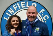 14 July 2017; Linfield supporters Ivan, right, and Daisy Brown from Ballymena ahead of the UEFA Champions League Second Qualifying Round First Leg match between Linfield and Glasgow Celtic at the National Football Stadium in Windsor Park, Belfast. Photo by David Fitzgerald/Sportsfile