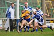 18 March 2012; Colin Ryan, Clare, is denied a goal opportunity by Brian Stapleton, Laois. Allianz Hurling League, Division 1B, Round 3, Laois v Clare, O'Moore Park, Portlaoise, Co. Laois. Picture credit: Diarmuid Greene / SPORTSFILE
