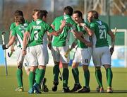18 March 2012; Peter Caruth, second from right, Ireland, celebrates with team-mates Timothy Cockram, right, Christopher Cargo, left, and John Jackson, fourth from right, after scoring his side's first goal of the game. Men’s 2012 Olympic Qualifying Tournament, Ireland v Malaysia, National Hockey Stadium, UCD, Belfield, Dublin. Picture credit: Barry Cregg / SPORTSFILE