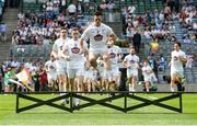 16 July 2017; Kildare captain Eoin Doyle jumps over the bench before the team photograph before the Leinster GAA Football Senior Championship Final match between Dublin and Kildare at Croke Park in Dublin. Photo by Piaras Ó Mídheach/Sportsfile