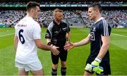 16 July 2017; Referee Anthony Nolan with team captains Eoin Doyle of Kildare, left, and Stephen Cluxton of Dublin before the Leinster GAA Football Senior Championship Final match between Dublin and Kildare at Croke Park in Dublin. Photo by Piaras Ó Mídheach/Sportsfile