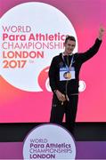 17 July 2017: Michael McKillop receives his Gold medal after he finished first in the Men's T38 800m during day 4 of the 2017 Para Athletics World Championships at the Olympic Stadium in London. Photo by Luc Percival/Sportsfile