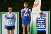 8 July 2017; On the podium following the Under 19 3,000m steeplechase are, from left, Ethan Dunn of Ballydrain Harriers A.C, Jarlath Jordan of Tara A.C and Marc Jeffrey of Willowfield Harriers A.C during Day 1 of the Irish Life Health National Juvenile Track & Field Championships at Tullamore Harriers Stadium in Tullamore, Co Offaly. Photo by Ramsey Cardy/Sportsfile
