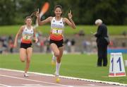 15 July 2017; Emily Williams of Northampton School for Girls, representing England, crosses the line to win the Girls 800m event during the SIAB T&F Championships at Morton Stadium in Santry, Co. Dublin. Photo by Piaras Ó Mídheach/Sportsfile