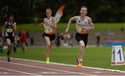 15 July 2017; Max Burgin of The Crossley Heath Grammar, West Yorkshire, representing England, crosses the line in first, with Oliver Dustin of Keswick School, Cumbria, representing England, in second, and Seamus Mackay of Anderson High School, Lerwick, representing Scotland in third, in the Boys 800m event during the SIAB T&F Championships at Morton Stadium in Santry, Co. Dublin. Photo by Piaras Ó Mídheach/Sportsfile