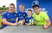 18 July 2017; Peter Dooley and Tom Daly of Leinster Rugby came out to the Bank of Ireland Summer Camp to meet up with some local young rugby talent at Portaloise RFC. Pictured are from left, Peter Dooley, Modhran, age 9, with brother Davin O'Brien, age 7, from Ballylion, Co. Wicklow, and Tom Daly, at Portlaoise RFC, in Co. Laois. Photo by Seb Daly/Sportsfile