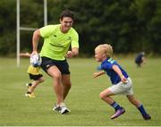 18 July 2017; Peter Dooley and Tom Daly of Leinster Rugby came out to the Bank of Ireland Summer Camp to meet up with some local young rugby talent at Portaloise RFC. Pictured is Tom Daly, during a game with participants, at Portlaoise RFC, in Co. Laois. Photo by Seb Daly/Sportsfile