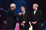 3 November 2017; Galway hurler Conor Whelan speaks with RTÉ's Michael Lyster, left, and Páráic Duffy, Ard Stiúrthóir of the GAA, during the PwC All Stars 2017 at the Convention Centre in Dublin. Photo by Brendan Moran/Sportsfile