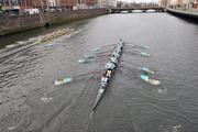 19 March 2012; The University College Dublin Senior Men's boat, from stroke to bow oar, Vincent Manning, Gearoid Duane, Turlough Hughes, Finbarr Manning, Dave Neale, Conor Walsh, Coilin Barrett, and Simon Craven under cox Hannah Fenlon, on their way to beating Trinity Collage Dublin, to win the Gannon Cup. 2012 University Boat Races, University College Dublin v Trinity College Dublin, Dublin. Picture credit: David Maher / SPORTSFILE