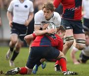 19 March 2012; Patrick Colhoun, Methodist College, is tackled by Jonathan Holmes, Ballyclare High School. Northern Bank Ulster Schools' Cup Final, Ballyclare High School v Methodist College, Ravenhill Park, Belfast, Co. Antrim. Picture credit: John Dickson / SPORTSFILE