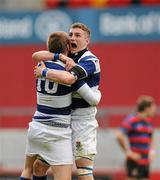19 March 2012; Aidan Moynihan, left, and Sonny O'Dwyer, Rockwell, celebrate at the final whistle after victory over St. Munchin’s. Avonmore Munster Schools Senior Cup Final, St. Munchin’s College v Rockwell College, Thomond Park, Limerick. Picture credit: Diarmuid Greene / SPORTSFILE