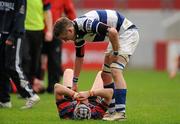 19 March 2012; Ben Nugent, St. Munchin’s, is consoled by Sonny O'Dwyer, Rockwell, after the game. Avonmore Munster Schools Senior Cup Final, St. Munchin’s College v Rockwell College, Thomond Park, Limerick. Picture credit: Diarmuid Greene / SPORTSFILE