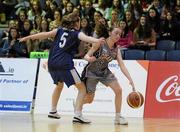 20 March 2012; Aoife Moynihan, Presentation Castleisland, Kerry, in action against Niamh McCarthy, Gael Cholaiste AG, Cork. U19B Girls - All-Ireland Schools League Finals 2012, Gael Cholaiste AG, Cork v Presentation Castleisland, Kerry, National Basketball Arena, Tallaght, Dublin. Picture credit: Pat Murphy / SPORTSFILE