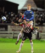 20 March 2012; Barry Molloy and Ruaidhri Higgins, Derry City, in action against Robert Garrett, Linfield. 2012 Setanta Sports Cup Quarter-Final, 2nd Leg, Derry City v Linfield, Brandywell, Derry. Picture credit: Oliver McVeigh / SPORTSFILE