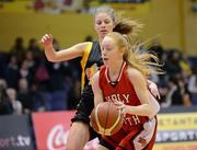 21 March 2012; Alice Fennell, Holy Faith Clontarf, Dublin, in action against Elinor Ní Dhochartaigh, Colaiste Iosagain, Dublin. U19A Girls - All-Ireland Schools League Finals 2012, Holy Faith Clontarf, Dublin v Colaiste Iosagain, Dublin, National Basketball Arena, Tallaght, Dublin. Picture credit: Brian Lawless / SPORTSFILE