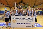 21 March 2012; The Loreto Beaufort, Dublin, team celebrate with the cup. U16A Girls - All-Ireland Schools League Finals 2012, St. Vincents, Cork v Loreto Beaufort, Dublin, National Basketball Arena, Tallaght, Dublin. Picture credit: Brian Lawless / SPORTSFILE