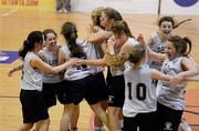 21 March 2012; The Loreto Beaufort, Dublin, players celebrate after the final whistle. U16A Girls - All-Ireland Schools League Finals 2012, St. Vincents, Cork v Loreto Beaufort, Dublin, National Basketball Arena, Tallaght, Dublin. Picture credit: Brian Lawless / SPORTSFILE