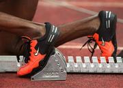 6 July 2002; Runner's shoes on the starting blocks at the Cork City Sports event at the UCC Sports Grounds, Mardyke, Cork. Photo by Brendan Moran/Sportsfile