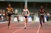 6 July 2002; Ciara Sheehy of Ireland, 191, Shani Anderson, 61, and Peta Gay Barrett, 62, during the 200m at the Cork City Sports event at the UCC Sports Grounds, Mardyke, Cork. Photo by Brendan Moran/Sportsfile