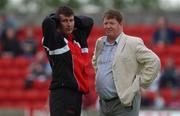 13 July 2002; Bohemians manager Stephen Kenny, left, with Longford Town chairman Adrian Duncan at the eircom League Premier Division match between Longford Town and Bohemians at Flancare Park in Longford. Photo by David Maher/Sportsfile