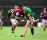 30 June 2002; Michael Meehan of Galway in action against Sean McGourty of Leitrim during the Connacht Minor Football Championship Final match between Leitrim and Galway at Páirc Seán Mac Diarmada in Carrick-on-Shannon, Leitrim. Photo by Aoife Rice/Sportsfile