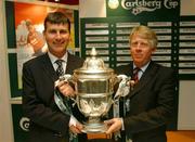 15 July 2002; Bohemians manager Stephen Kenny, left, and Garda FC General Manager Gus Keating after FAI Carlsberg Cup 2nd Round draw at CityWest Hotel in Saggart, Dublin. Photo by Ray McManus/Sportsfile