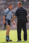 14 July 2002; Senan Connell of Dublin speaks to selector Paul Caffrey before the Bank of Ireland Leinster Senior Football Championship Final match between Dublin and Kildare at Croke Park in Dublin. Photo by Damien Eagers/Sportsfile
