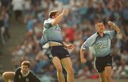 14 July 2002; Alan Brogan of Dublin, left, celebrates scoring a goal with team-mate Jason Sherlock during the Bank of Ireland Leinster Senior Football Championship Final match between Dublin and Kildare at Croke Park in Dublin. Photo by Ray McManus/Sportsfile