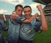 14 July 2002; Dublin players Barry Cahill, left, and Ray Cosgrove celebrate after the Bank of Ireland Leinster Senior Football Championship Final match between Dublin and Kildare at Croke Park in Dublin. Photo by Ray McManus/Sportsfile