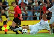 20 July 2002; Ole Gunnar Solskjaer of Manchester United in action against Tony McCarthy of Shelbourne during the pre-season friendly match between Shelbourne and Manchester United at Tolka Park in Dublin. Photo by Damien Eagers/Sportsfile