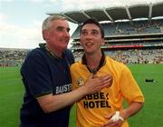 21 July 2002; Donegal manager Mickey Moran celebrates with his captain Michael Hegarty after the All-Ireland Senior Football Championship Qualifier Round 4 match between Meath and Donegal at Croke Park. Photo by Ray McManus/Sportsfile