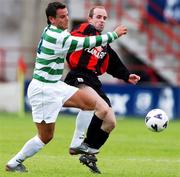 21 July 2002; Stephen Grant of Shamrock Rovers in action against Alan Kirby of Longford Town during the eircom League Premier Division match between  Shamrock Rovers and Longford Town at Tolka Park in Dublin. Photo by David Maher/Sportsfile