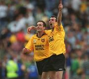 21 July 2002; Donegal players Jim McGuinness, right, and team-mate Damien Diver celebrate after the All-Ireland Senior Football Championship Qualifier Round 4 match between Meath and Donegal at Croke Park. Photo by Ray McManus/Sportsfile
