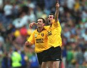 21 July 2002; Donegal players Jim McGuiness, right, and Damien Diver celebrate after the All-Ireland Senior Football Championship Qualifier Round 4 match between Meath and Donegal at Croke Park. Photo by Ray McManus/Sportsfile