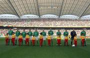 1 June 2002; Republic of Ireland players stand for the national anthem prior to the FIFA World Cup 2002 Group E match between Republic of Ireland and Cameroon at Big Swan Stadium in Niigata, Japan. Photo by David Maher/Sportsfile
