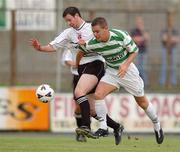 25 July 2002; Shane Robinson of Shamrock Rovers in action against David Ward of Dundalk during the FAI Carlsberg Senior Cup Second Round match between Dundalk and Shamrock Rovers at Oriel Park in Dundalk. Photo by David Maher/Sportsfile