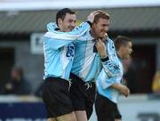 26 July 2002; Declan Sheridan of Galway United, right, celebrates with team-mate David Goaldbyafter scoring his side's second goal during the FAI Carlsberg Senior Cup Second Round match between St Patrick's Athletic and Galway United at Richmond Park in Dublin. Photo by David Maher/Sportsfile