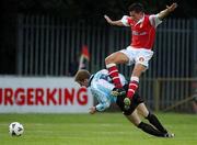 26 July 2002; Ger McCarthy of St Patrick's Athletic in action against Declan Sheridan of Galway United during the FAI Carlsberg Senior Cup Second Round match between St Patrick's Athletic and Galway United at Richmond Park in Dublin. Photo by David Maher/Sportsfile