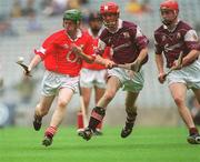 28 July 2002; Richard Butler of Cork, in action against Kevin Brisco of Galway during the All-Ireland Minor Hurling Championship Quarter-Final match between Cork and Galway at Croke Park in Dublin. Photo by Aoife Rice/Sportsfile