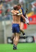 28 July 2002; Clare goalkeeper David Fitzgerald celebrates with team-mate Ollie Baker, left, after the Guinness All-Ireland Senior Hurling Championship Quarter-Final match between Clare and Galway at Croke Park. Photo by Aoife Rice/Sportsfile