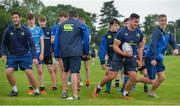 19 July 2017; Leinster academy players Caelan Doris, left, Ronan Kelleher, and Conor Dean, right, participate in a drill with attendees during the Bank of Ireland Leinster Rugby School of Excellence at Kings Hospital in Palmerstown, Dublin. Photo by Sam Barnes/Sportsfile