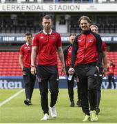 19 July 2017; Dundalk players Ciarán Kilduff, left, and Niclas Vemmelund ahead of the UEFA Champions League Second Qualifying Round Second Leg match between Rosenborg and Dundalk at the Lerkendal Stadion in Trondheim, Norway. Photo by Andrew Budd/Sportsfile
